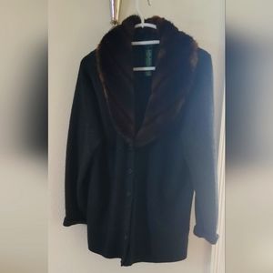 Lauren Ralph Lauren Cardigan Sweater Black Faux Fur Collar Wool Cashmere sz 1x